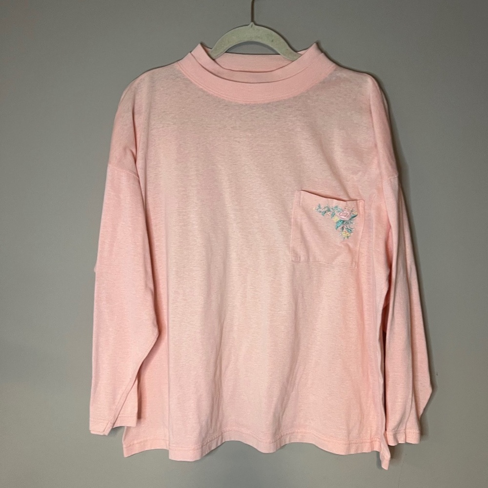Vintage Pink Floral Embroidered Double Collar Long Sleeve Top 80s 90s